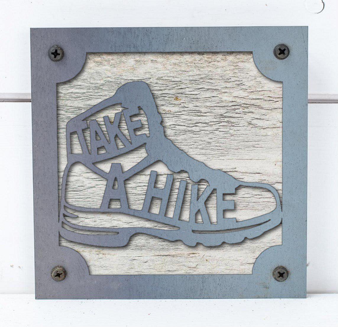 Take a Hike Boot Metal Wall Art on Reclaimed Wood, Hiking Sign, Hiker Gift
