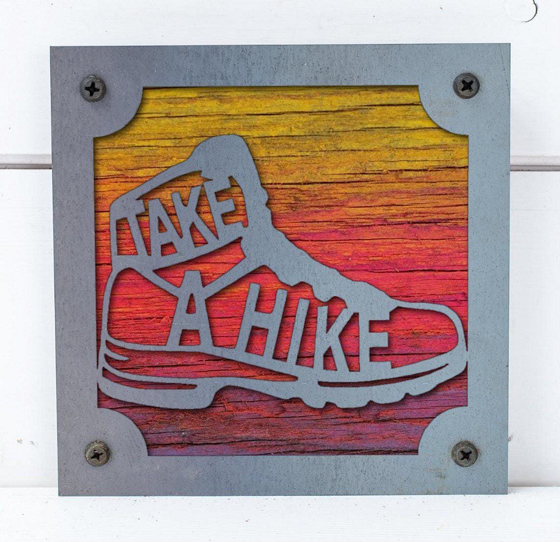 Take a Hike Boot Metal Wall Art on Reclaimed Wood, Hiking Sign, Hiker Gift