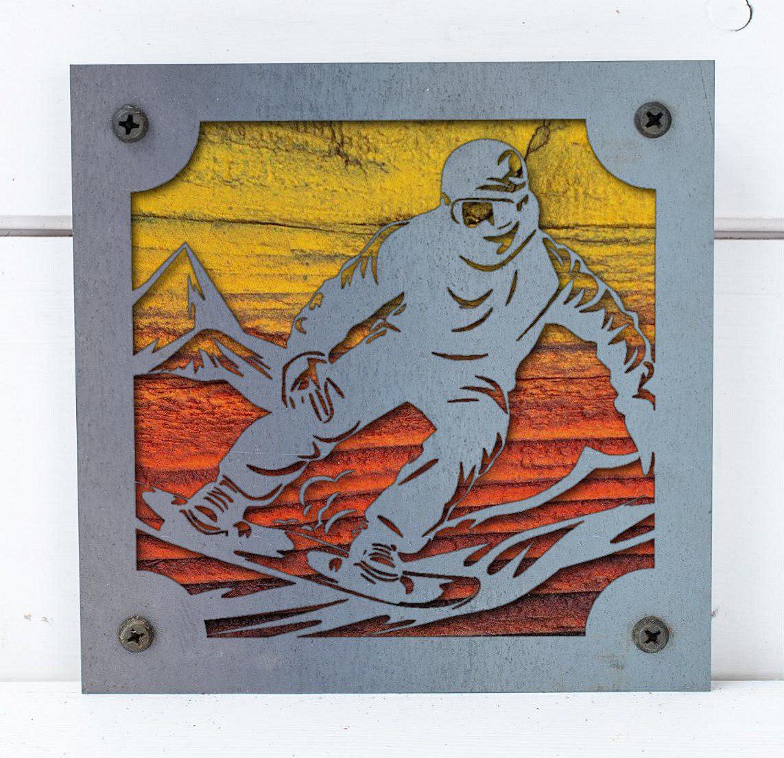 Snowboarder Metal Wall Art on Reclaimed Wood, Snowboard Cabin Decor, Rider Gift