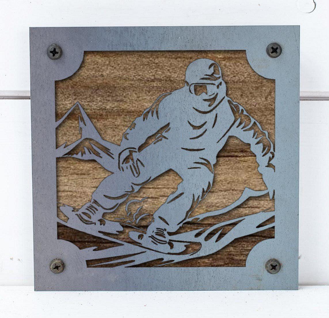 Snowboarder Metal Wall Art on Reclaimed Wood, Snowboard Cabin Decor, Rider Gift