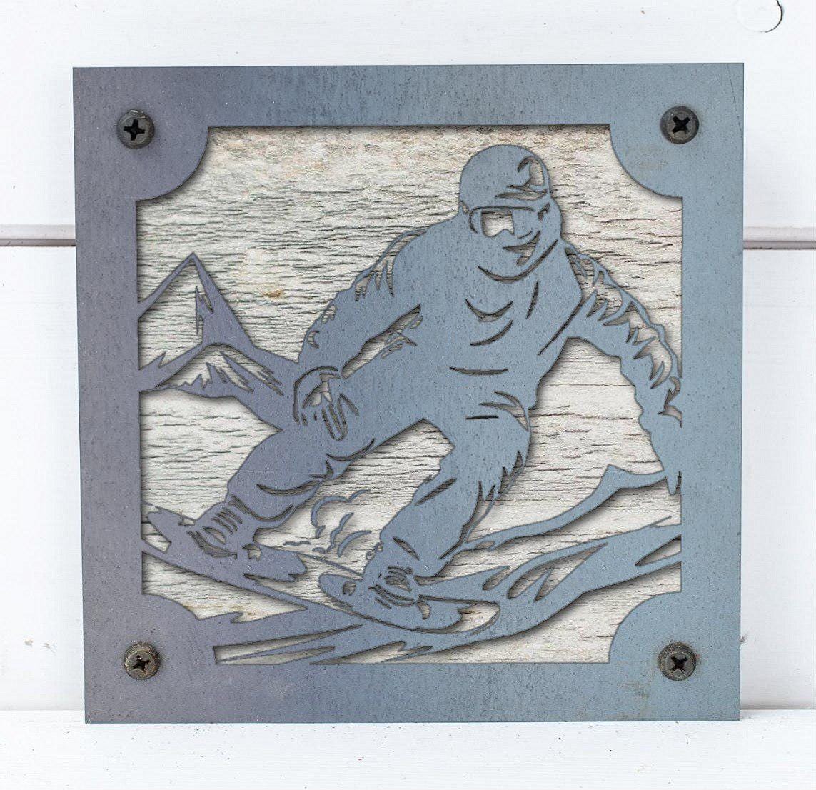 Snowboarder Metal Wall Art on Reclaimed Wood, Snowboard Cabin Decor, Rider Gift