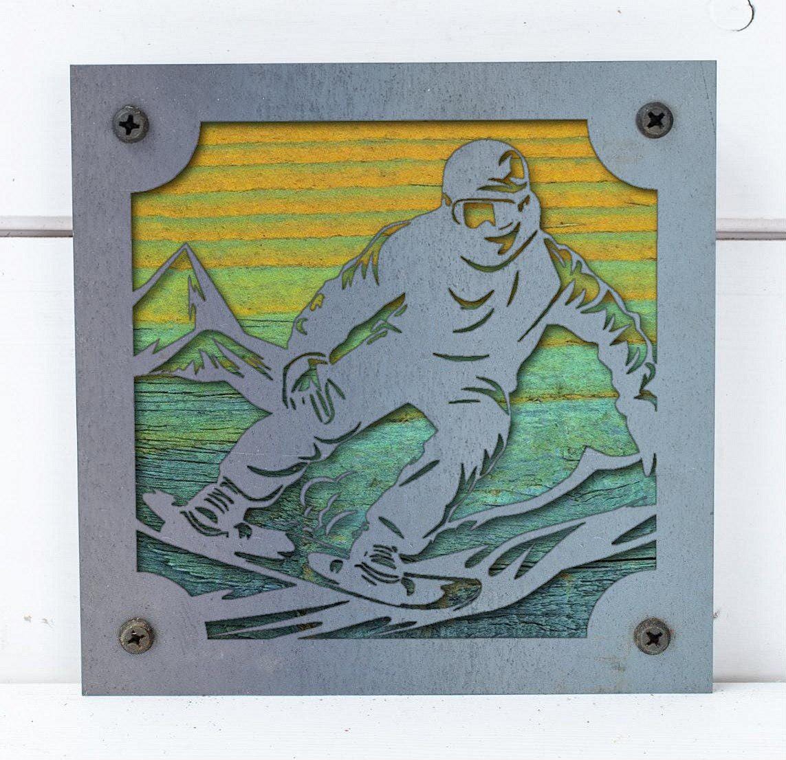 Snowboarder Metal Wall Art on Reclaimed Wood, Snowboard Cabin Decor, Rider Gift