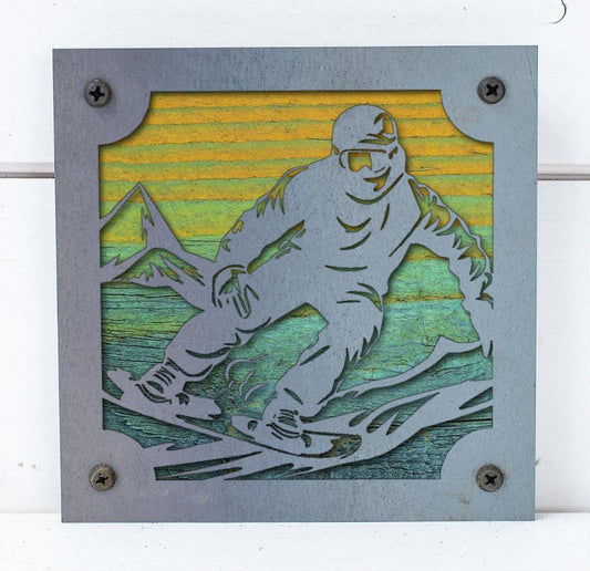 Snowboarder Metal Wall Art on Reclaimed Wood, Snowboard Cabin Decor, Rider Gift