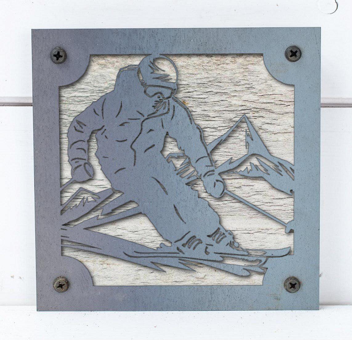 Skier Metal Wall Art on Reclaimed Wood, Downhill Ski Decor, Ski Lodge Gift