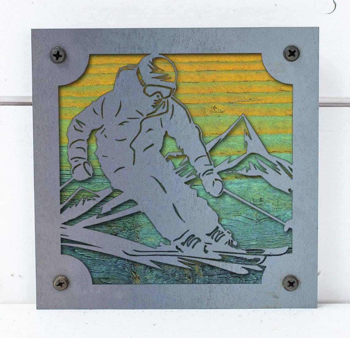 Skier Metal Wall Art on Reclaimed Wood, Downhill Ski Decor, Ski Lodge Gift