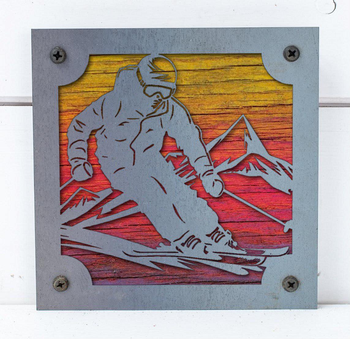 Skier Metal Wall Art on Reclaimed Wood, Downhill Ski Decor, Ski Lodge Gift