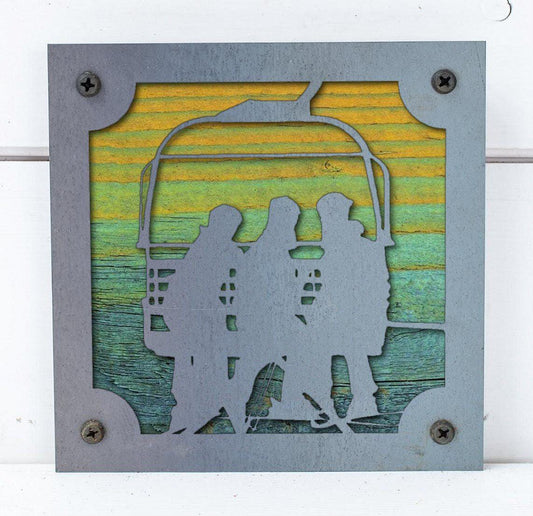 Ski Lift Riders Metal Wall Art on Reclaimed Wood, Chairlift Sign, Ski Cabin Decor
