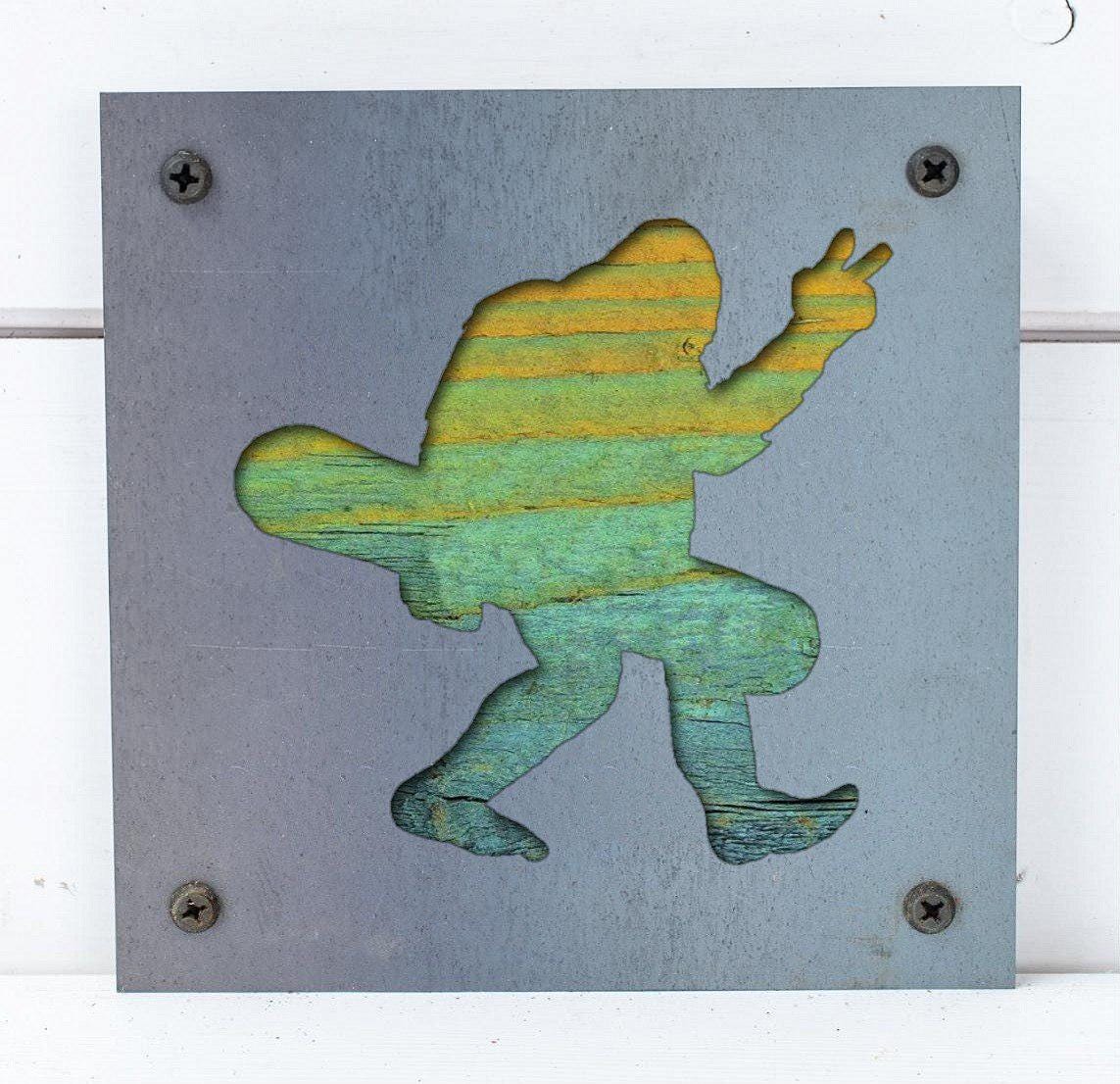 Bigfoot Snowboarder Metal Wall Art on Reclaimed Wood, Sasquatch Ski Cabin Sign