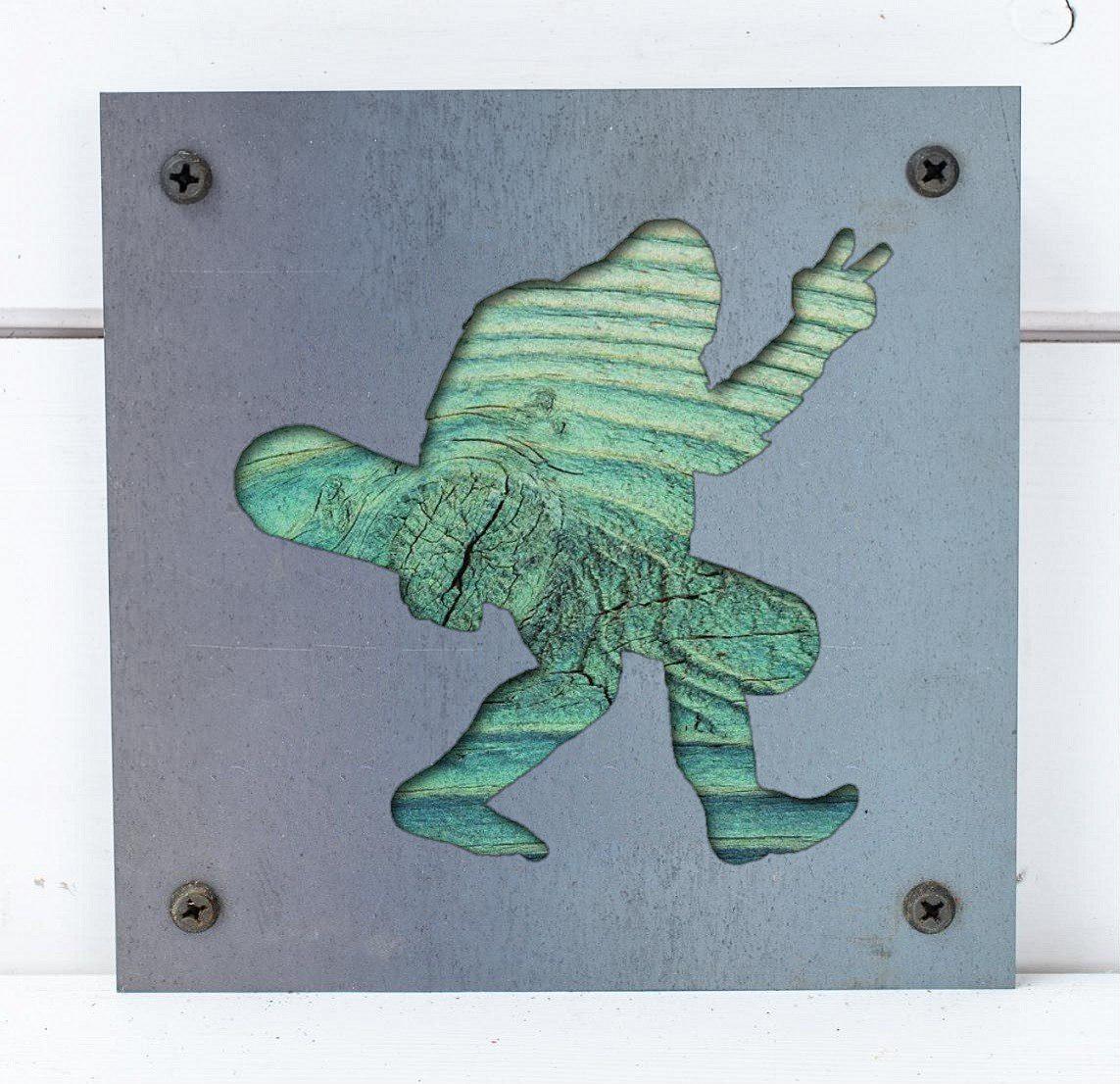 Bigfoot Snowboarder Metal Wall Art on Reclaimed Wood, Sasquatch Ski Cabin Sign