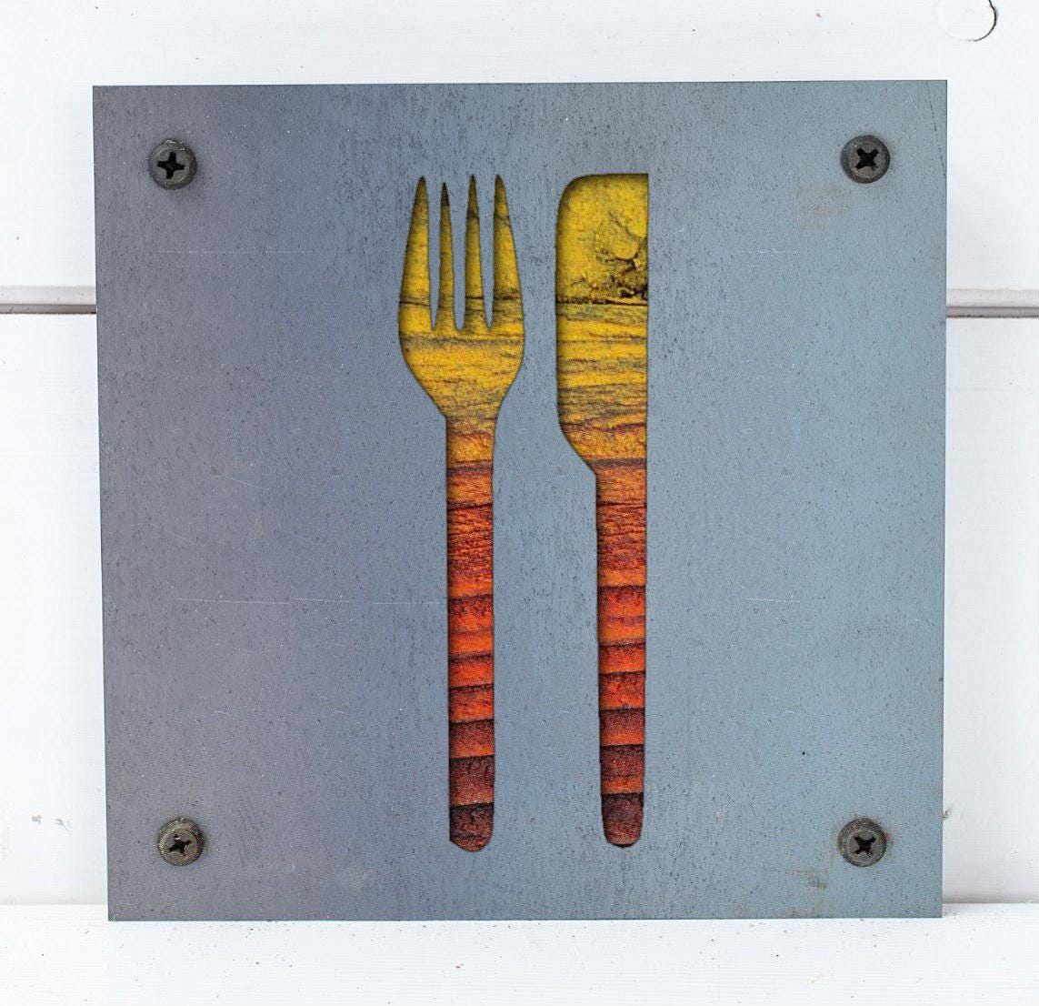 Fork and Knife Metal Wall Art on Reclaimed Wood, Kitchen Sign, Dining Room Decor