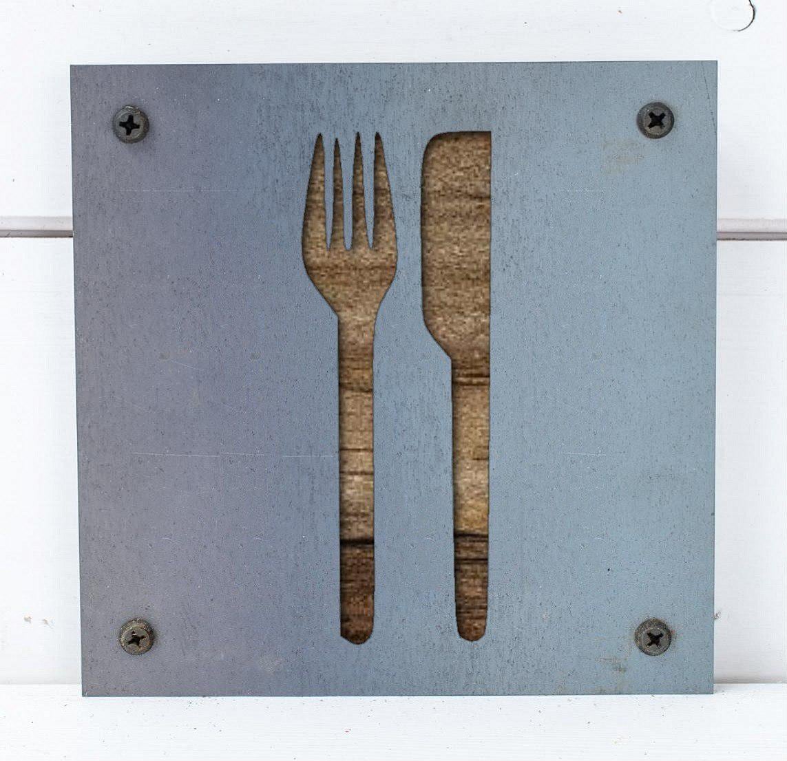 Fork and Knife Metal Wall Art on Reclaimed Wood, Kitchen Sign, Dining Room Decor
