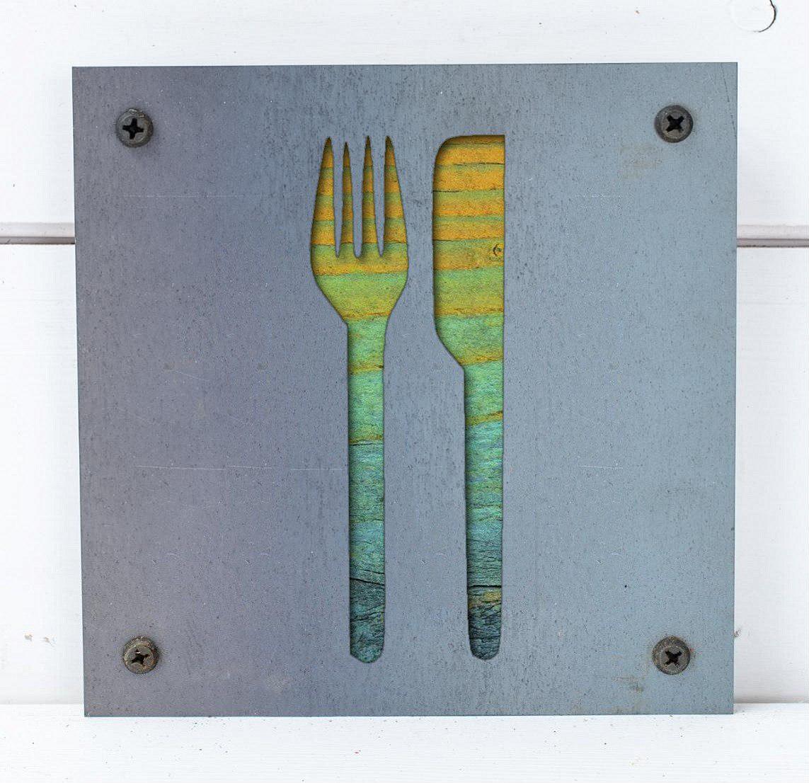 Fork and Knife Metal Wall Art on Reclaimed Wood, Kitchen Sign, Dining Room Decor