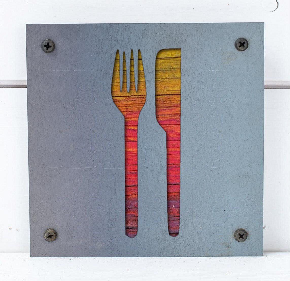 Fork and Knife Metal Wall Art on Reclaimed Wood, Kitchen Sign, Dining Room Decor