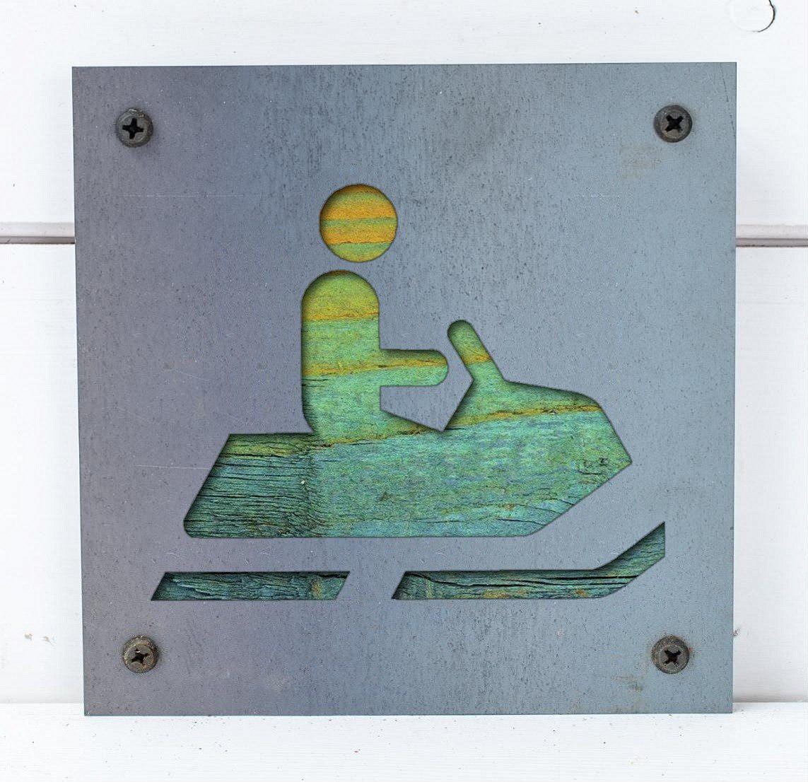 Snowmobile Metal Wall Art on Reclaimed Wood, Small 5.5 Inch Sled Sign, Sledder Gift