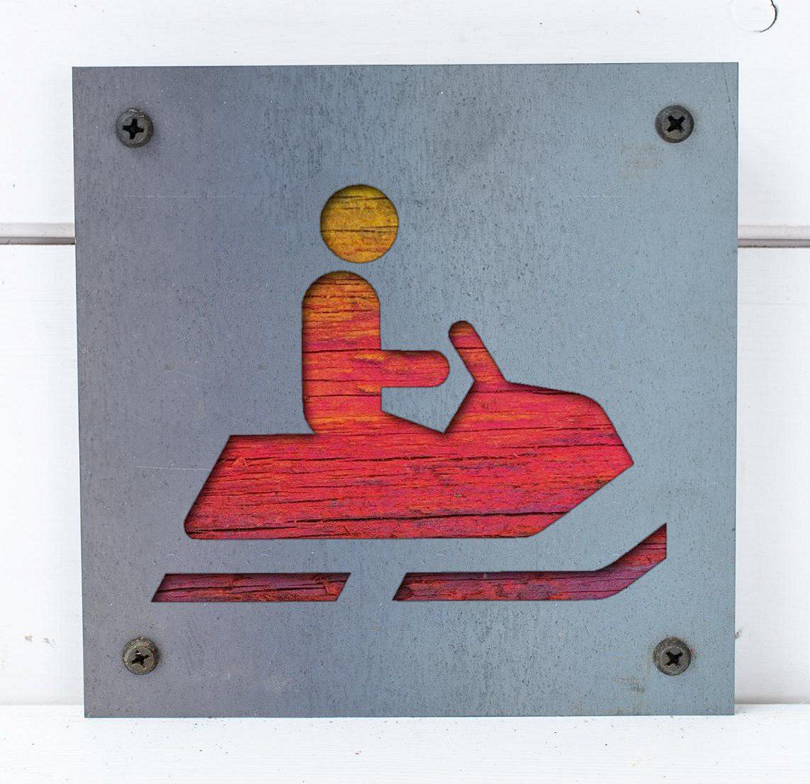 Snowmobile Metal Wall Art on Reclaimed Wood, Small 5.5 Inch Sled Sign, Sledder Gift