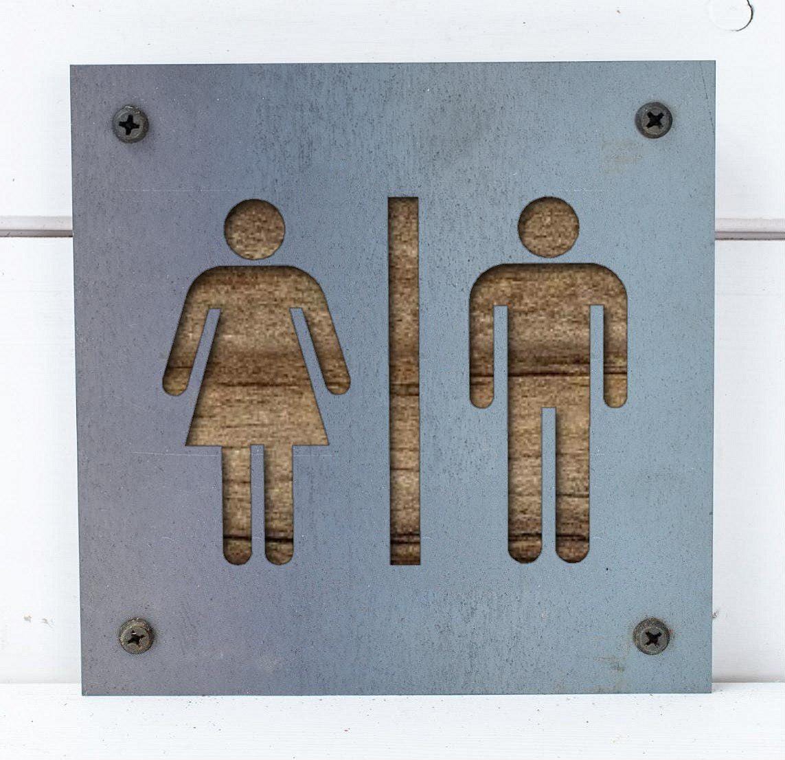 Restroom Metal Sign on Reclaimed Wood, Men and Women Bathroom Sign, Rustic Decor