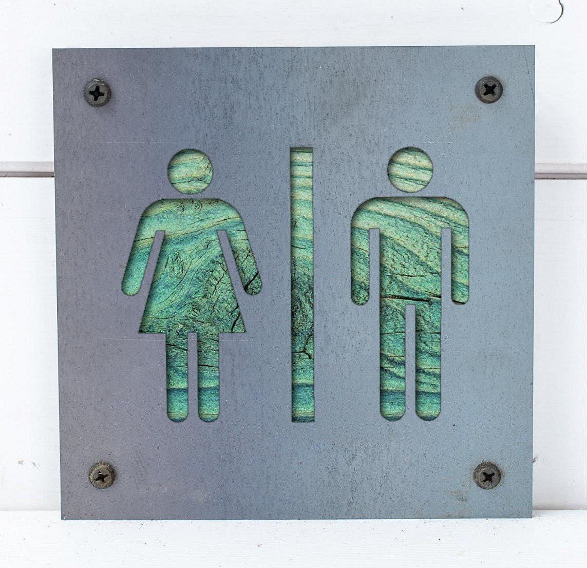 Restroom Metal Sign on Reclaimed Wood, Men and Women Bathroom Sign, Rustic Decor
