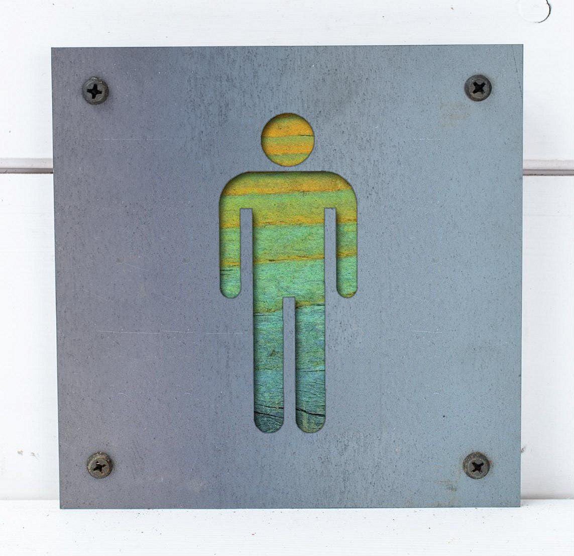Men's Restroom Metal Sign on Reclaimed Wood, Rustic Bathroom Door Sign