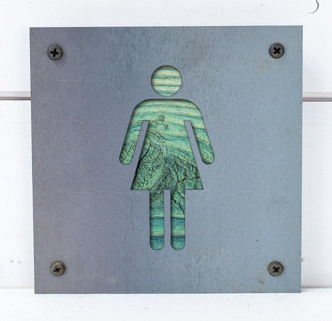 Women's Restroom Metal Sign on Reclaimed Wood, Rustic Bathroom Door Sign