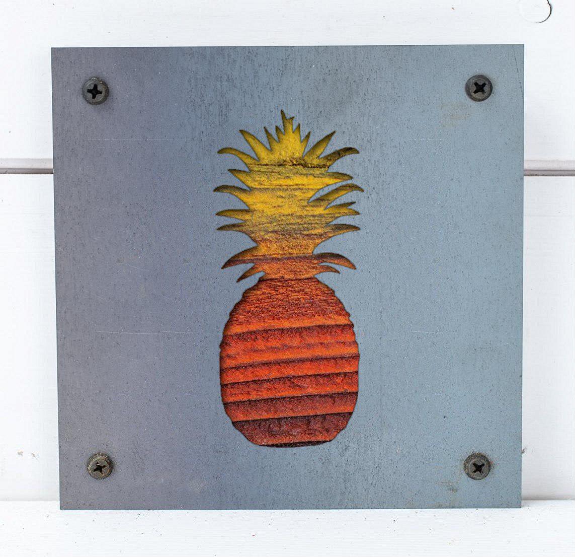 Pineapple Metal Wall Art on Reclaimed Wood, Tropical Kitchen Decor, Welcome Sign