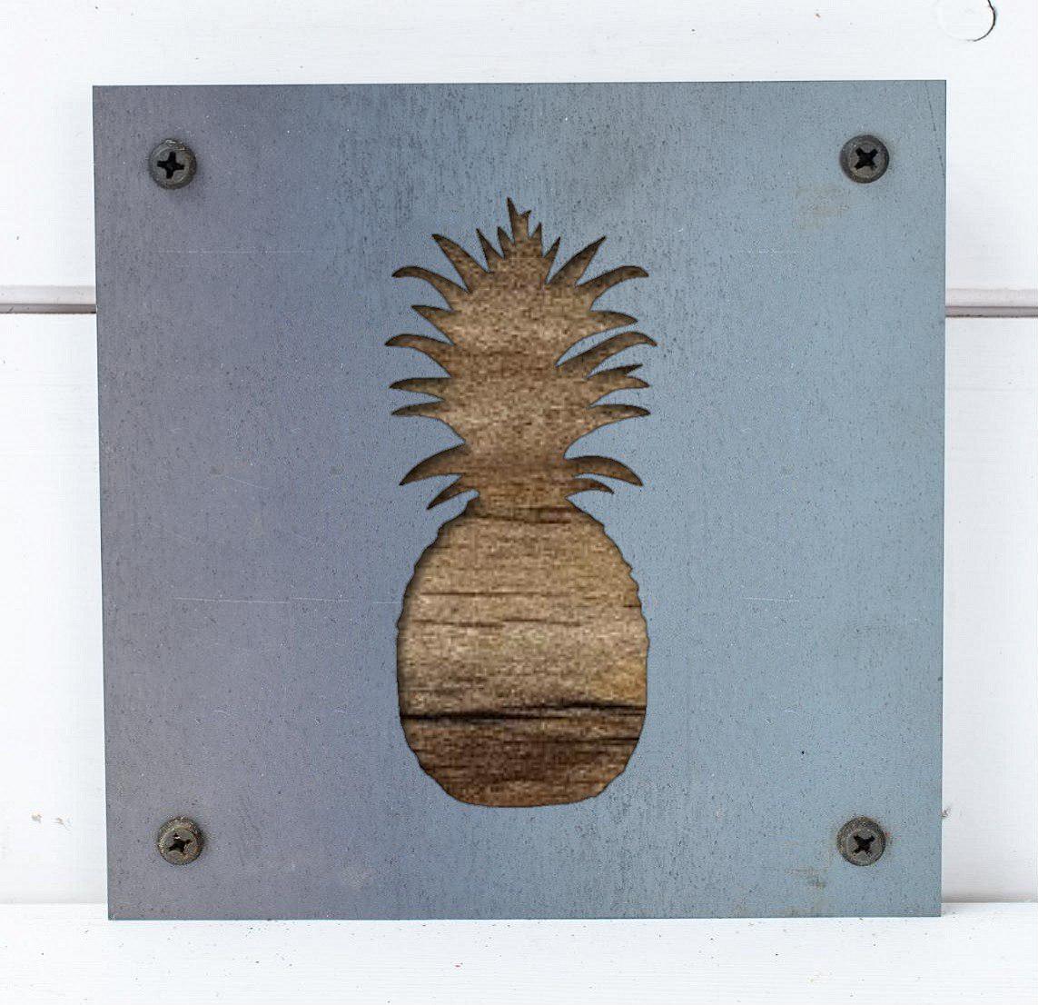 Pineapple Metal Wall Art on Reclaimed Wood, Tropical Kitchen Decor, Welcome Sign