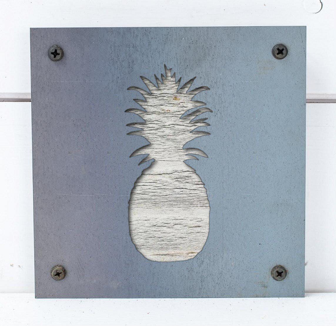 Pineapple Metal Wall Art on Reclaimed Wood, Tropical Kitchen Decor, Welcome Sign
