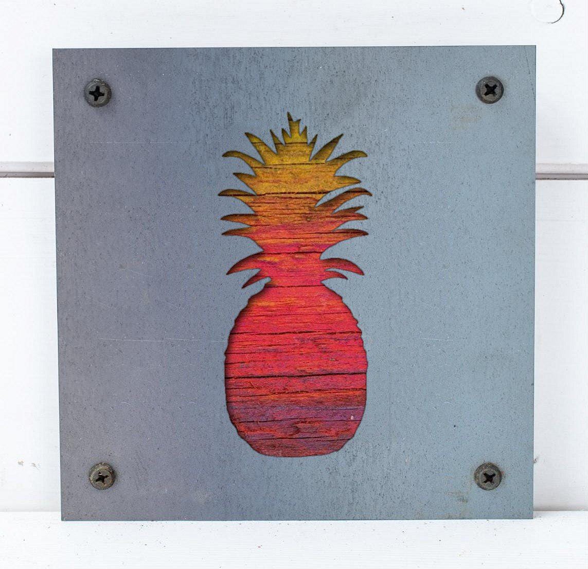 Pineapple Metal Wall Art on Reclaimed Wood, Tropical Kitchen Decor, Welcome Sign