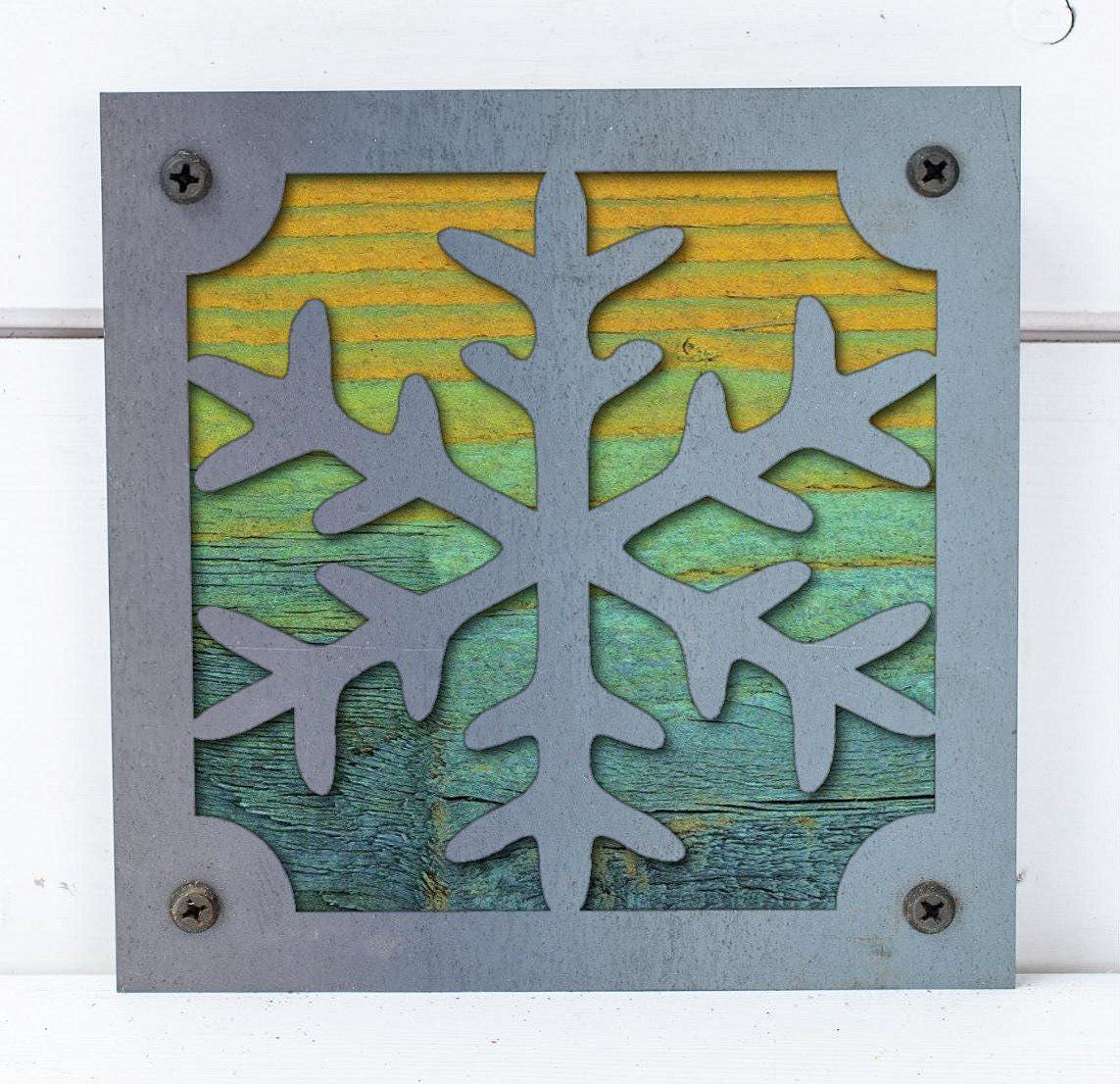 Snowflake Metal Wall Art on Reclaimed Wood, Winter Cabin Decor, Christmas Sign