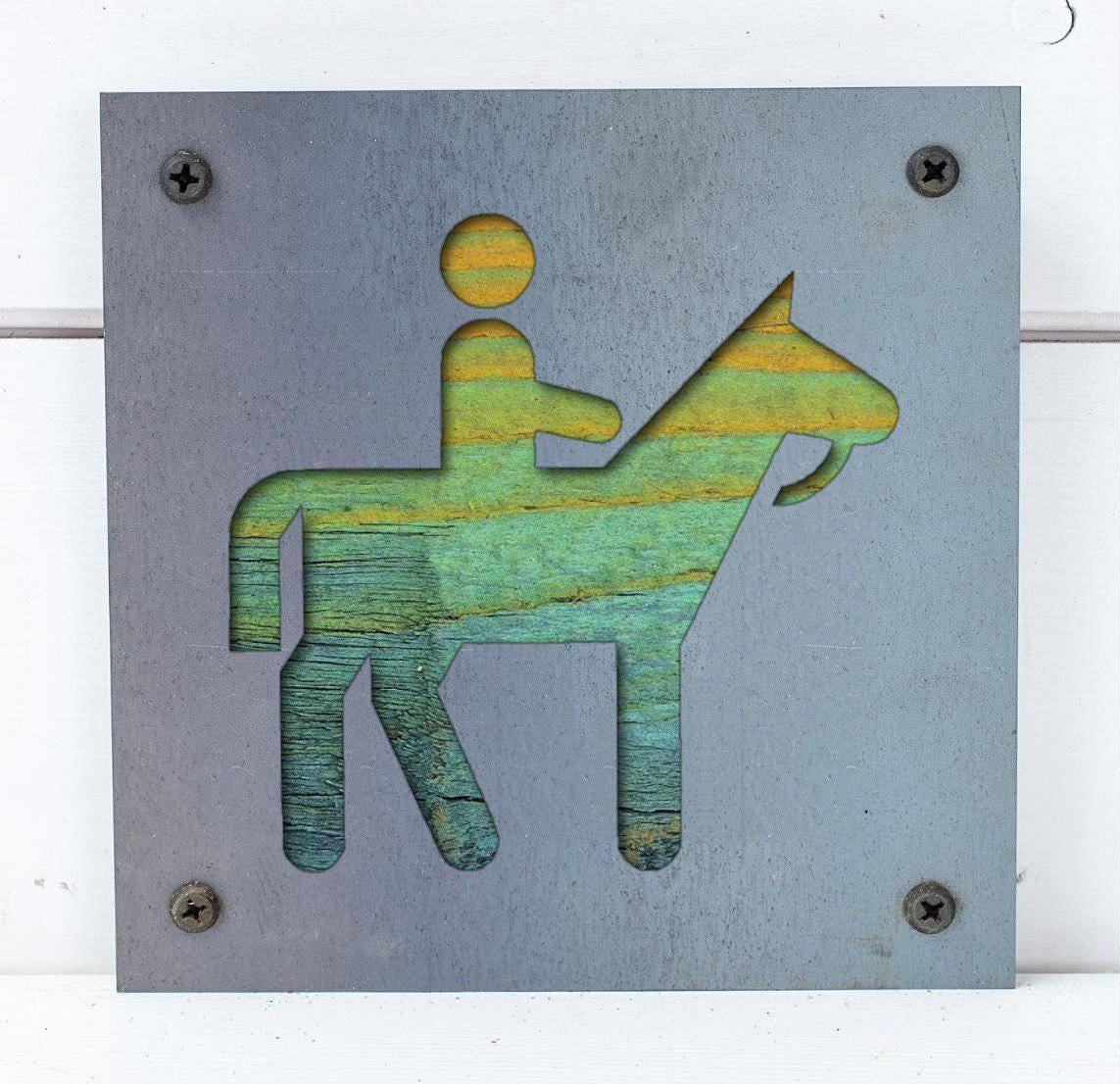 Horseback Rider Metal Wall Art on Reclaimed Wood, Trail Ride Sign, Horse Gift