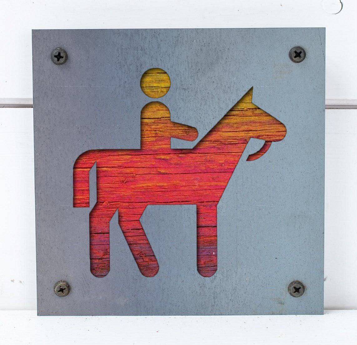 Horseback Rider Metal Wall Art on Reclaimed Wood, Trail Ride Sign, Horse Gift