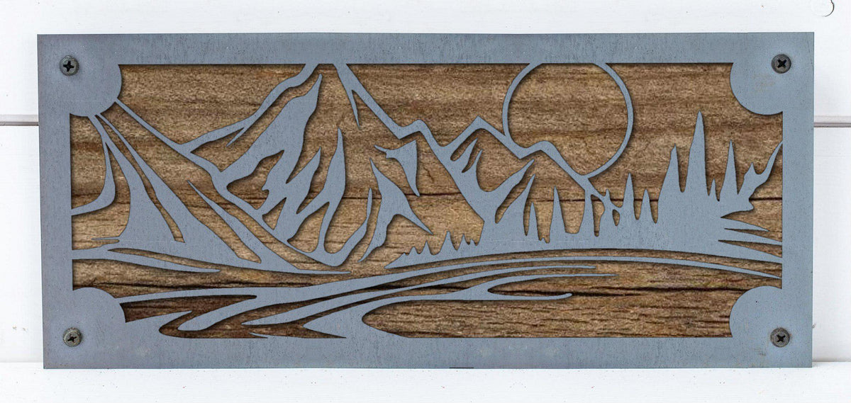 Mountain Lake Sunset Metal Wall Art on Reclaimed Wood, 12.5 Inch Cabin Decor