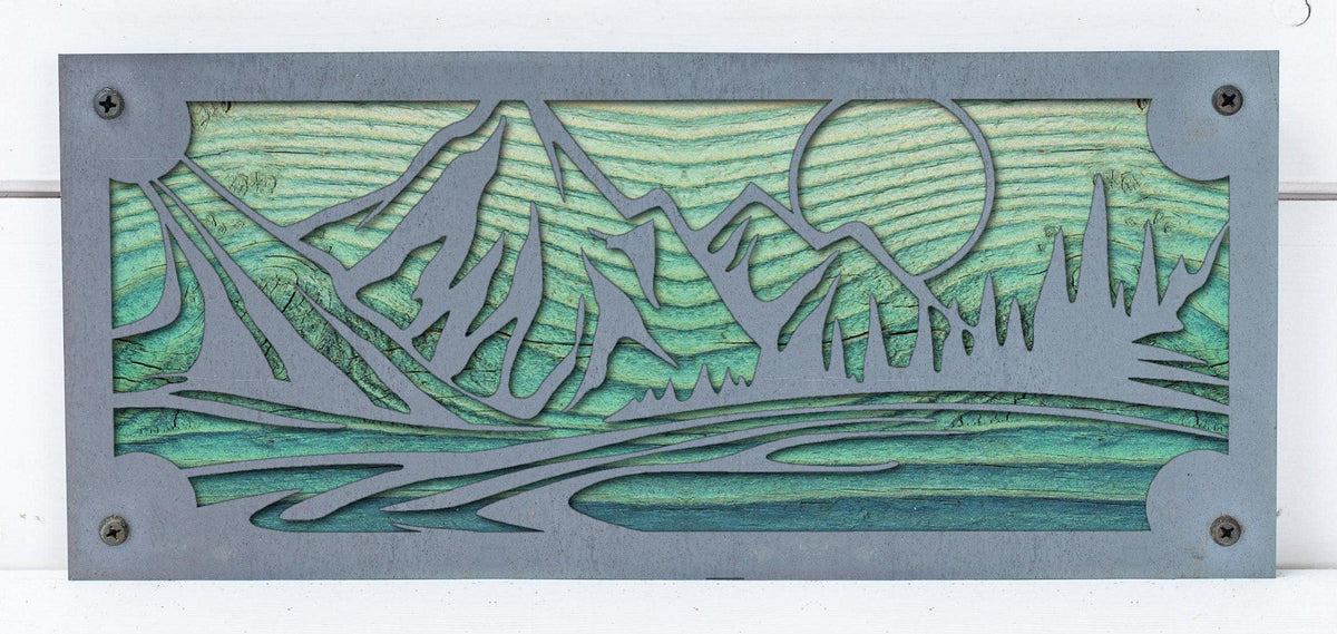 Mountain Lake Sunset Metal Wall Art on Reclaimed Wood, 12.5 Inch Cabin Decor
