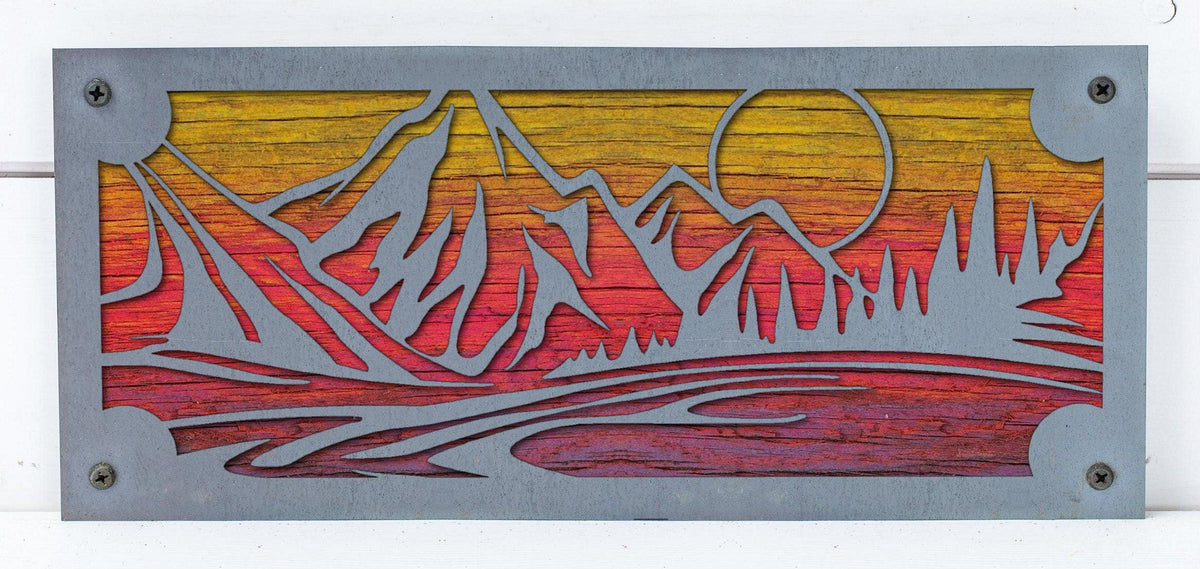 Mountain Lake Sunset Metal Wall Art on Reclaimed Wood, 12.5 Inch Cabin Decor