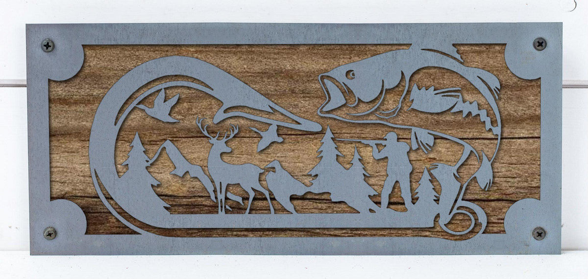 Leaping Bass Metal Wall Art on Reclaimed Wood, 12.5 Inch Fishing Cabin Decor