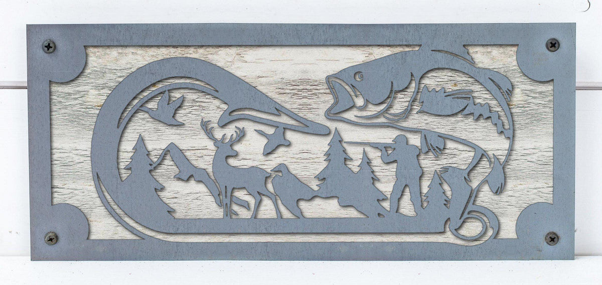 Leaping Bass Metal Wall Art on Reclaimed Wood, 12.5 Inch Fishing Cabin Decor