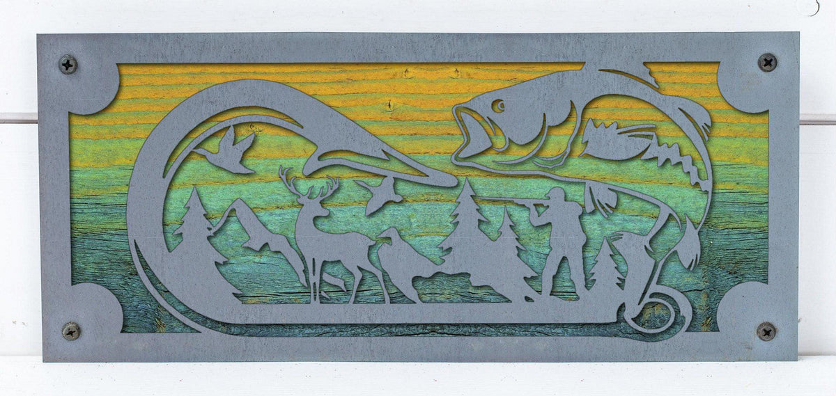 Leaping Bass Metal Wall Art on Reclaimed Wood, 12.5 Inch Fishing Cabin Decor
