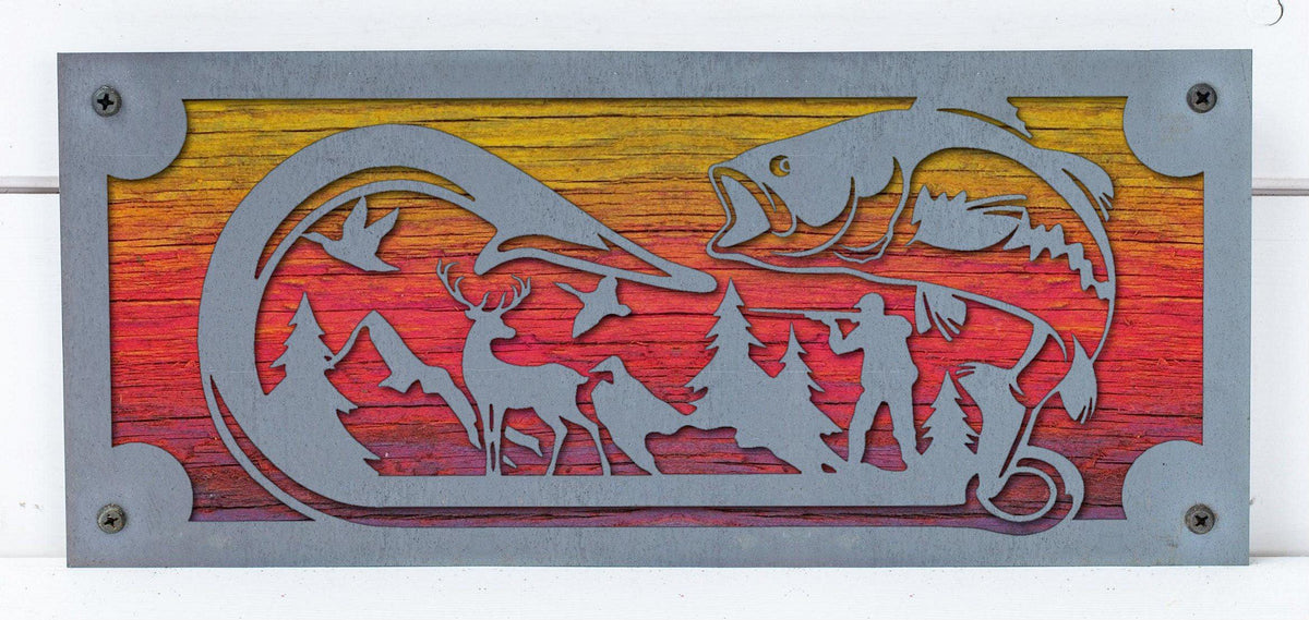 Leaping Bass Metal Wall Art on Reclaimed Wood, 12.5 Inch Fishing Cabin Decor
