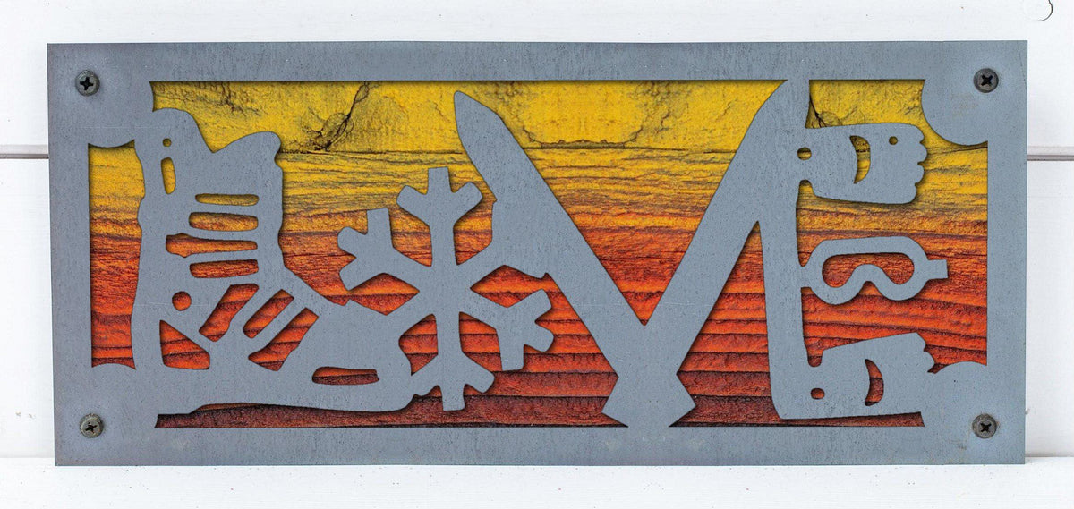 Ski LOVE Metal Sign on Reclaimed Wood, 12.5 Inch Ski Cabin Decor, Skier Gift