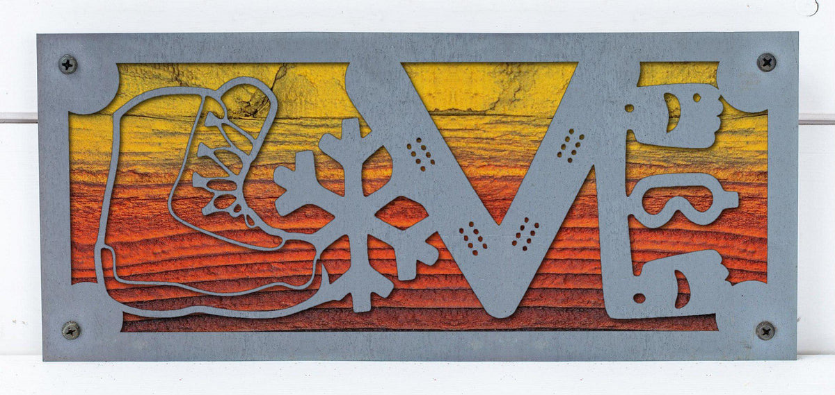 Snowboard LOVE Metal Sign on Reclaimed Wood, 12.5 Inch Snowboarder Gift, Ski Cabin Decor