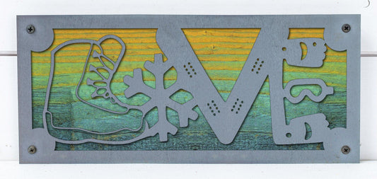 Snowboard LOVE Metal Sign on Reclaimed Wood, 12.5 Inch Snowboarder Gift, Ski Cabin Decor