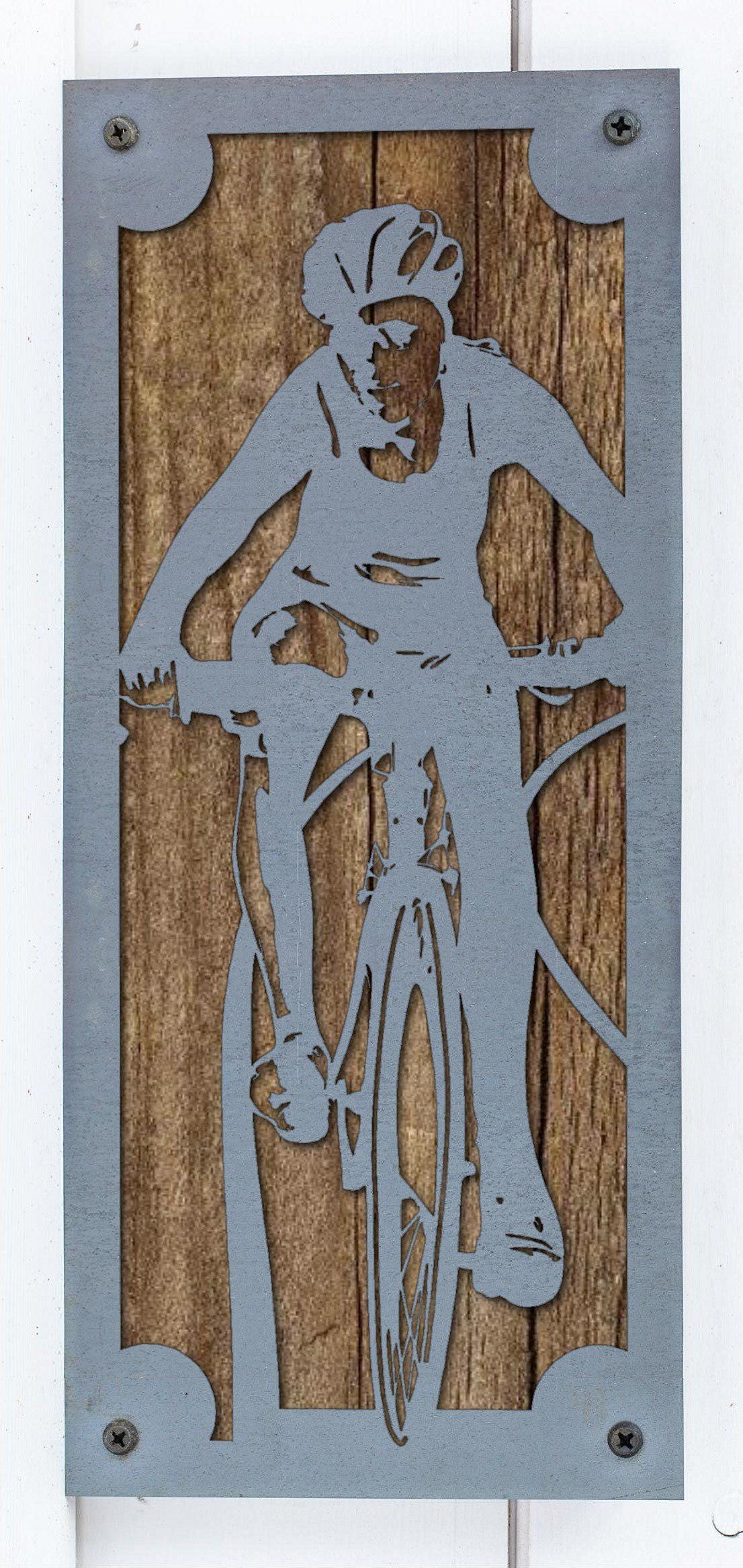 Mountain Biker Metal Wall Art on Reclaimed Wood, Tall 12.5 Inch MTB Sign