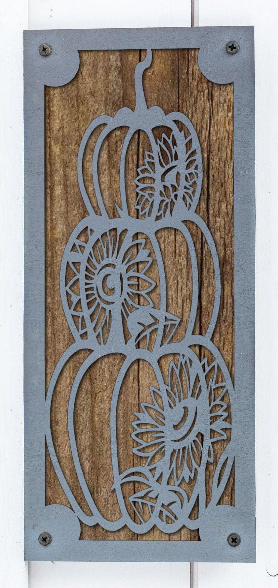 Pumpkin Stack Metal Wall Art on Reclaimed Wood, Tall 12.5 Inch Fall Decor