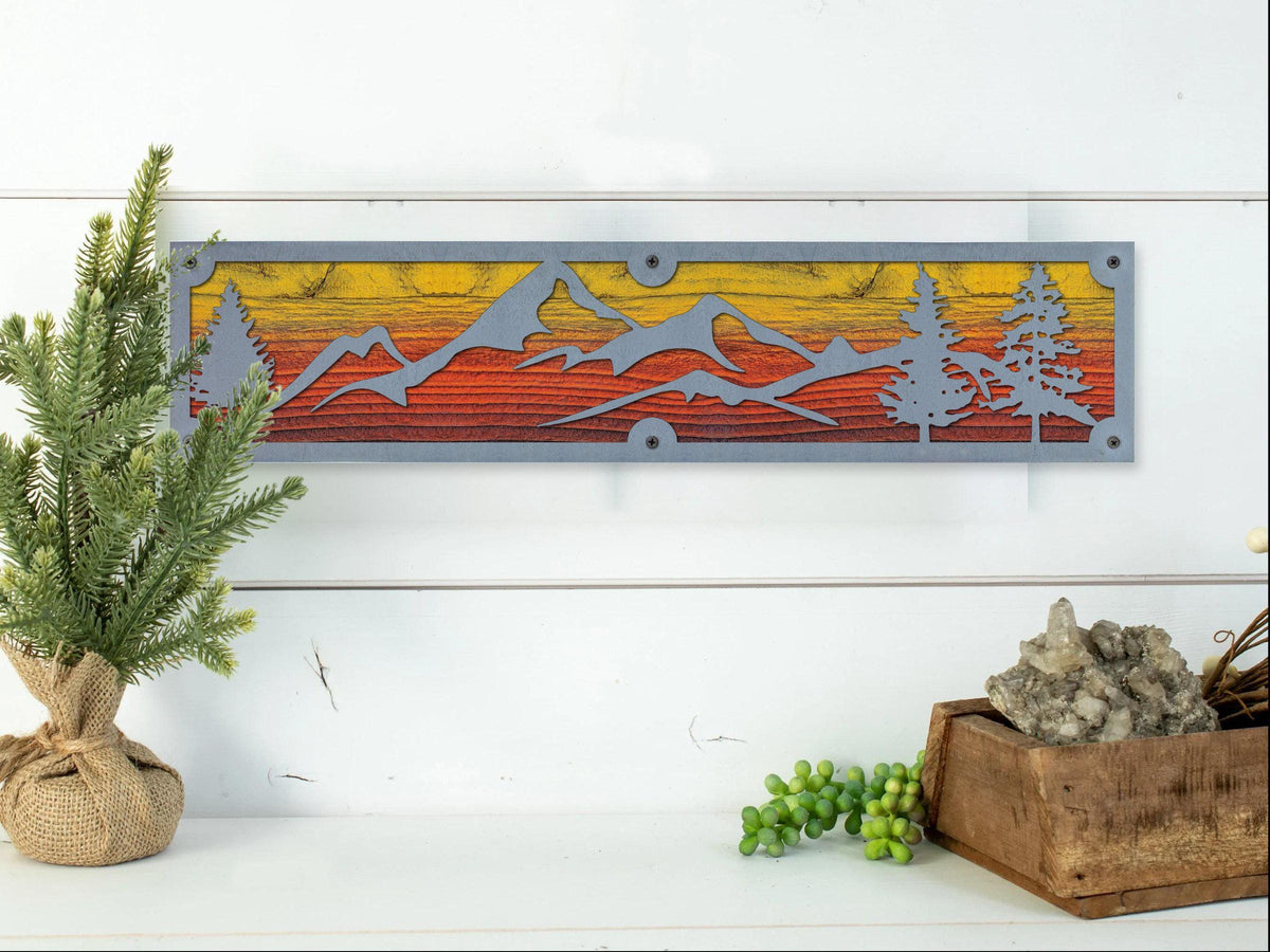 Mountains and Pines Metal Wall Art on Reclaimed Wood, 24 Inch Cabin Decor