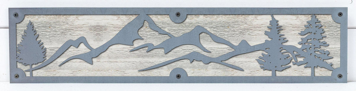 Mountains and Pines Metal Wall Art on Reclaimed Wood, 24 Inch Cabin Decor