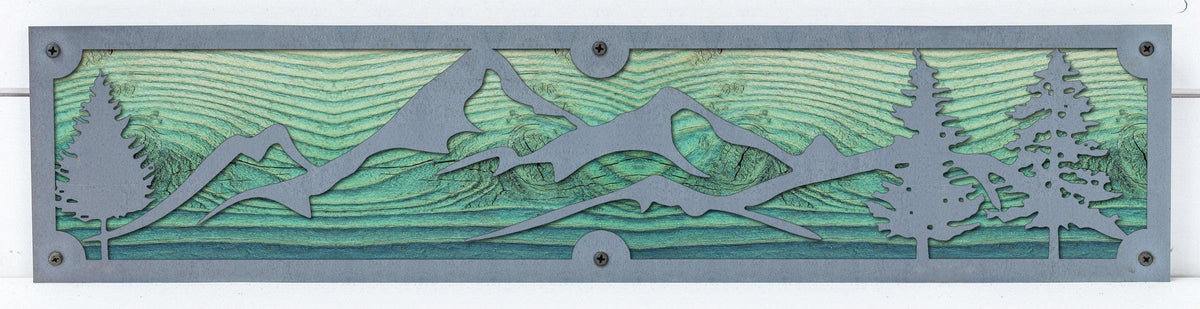 Mountains and Pines Metal Wall Art on Reclaimed Wood, 24 Inch Cabin Decor