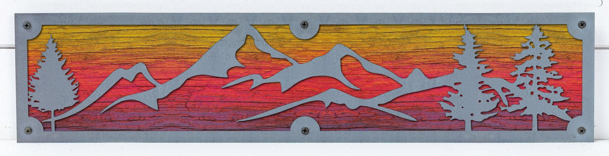 Mountains and Pines Metal Wall Art on Reclaimed Wood, 24 Inch Cabin Decor