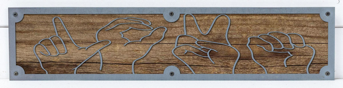 Sign Language Hands Metal Wall Art on Reclaimed Wood, 24 Inch ASL Sign