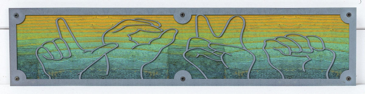Sign Language Hands Metal Wall Art on Reclaimed Wood, 24 Inch ASL Sign
