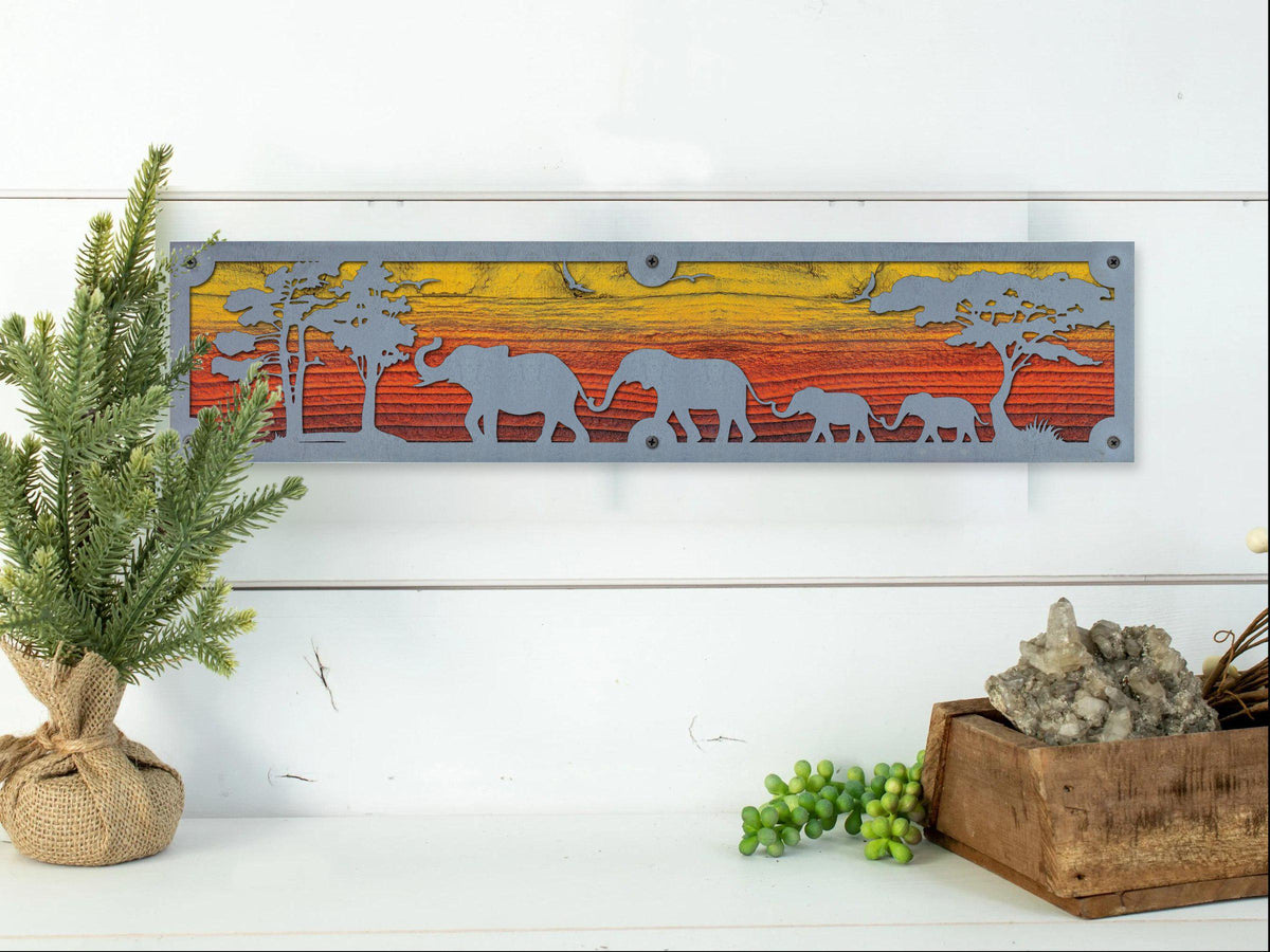 Elephant Family Metal Wall Art on Reclaimed Wood, 24 Inch Safari Decor