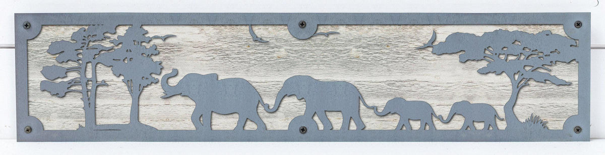 Elephant Family Metal Wall Art on Reclaimed Wood, 24 Inch Safari Decor